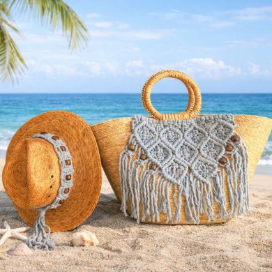 SET DE SOMBRERO Y BOLSA DE PALMA-HECHO EN QUINTANA ROO - AZUL