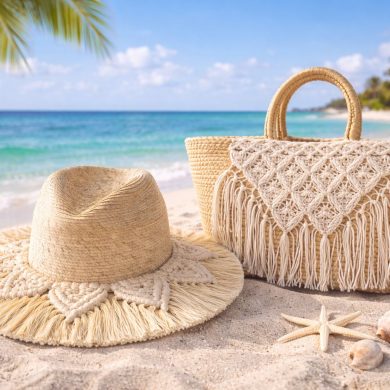 SET DE SOMBRERO Y BOLSA DE PALMA-HECHO EN QUINTANA ROO - BEIGE