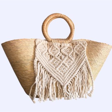 Bolsa de palma con macrame triangular-HECHO EN QUINTANA ROO - BEIGE