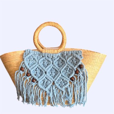 Bolsa de palma con macrame triangular-HECHO EN QUINTANA ROO - AZUL