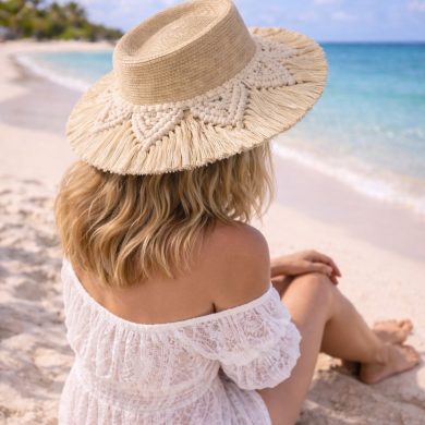 SOMBRERO DE PALMA DECORADO EN MACRAME-HECHO EN QUINTANA ROO